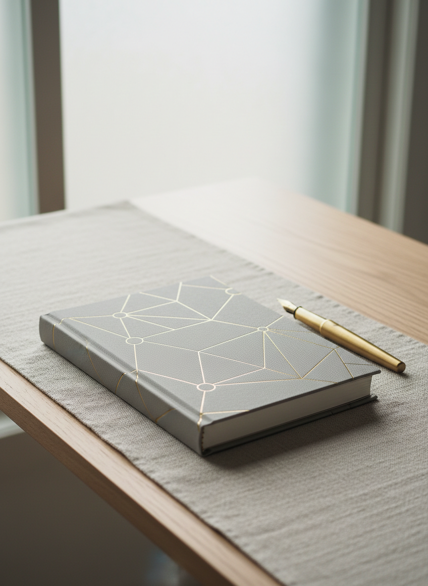 An elegant hardcover journal with a textured, matte dove-grey cover and delicately embossed gold geometric lines, closed and resting on a subtle stone-colored linen runner. The journal is accompanied by a slender fountain pen with brushed brass details, placed beside it. The scene is arranged on a minimalist wooden desk near a frosted glass window, through which soft daylight filters, casting gentle gradients of muted illumination and diffusing calm, crisp shadows. The overall composition uses an eye-level, centered viewpoint with a shallow depth of field, emphasizing the journal’s tactile textures and refined details. The mood is introspective and serene, conveying sophistication and personal growth. The photographic realism, restrained color palette, and minimalist aesthetic echo the blog’s refined and sophisticated approach.